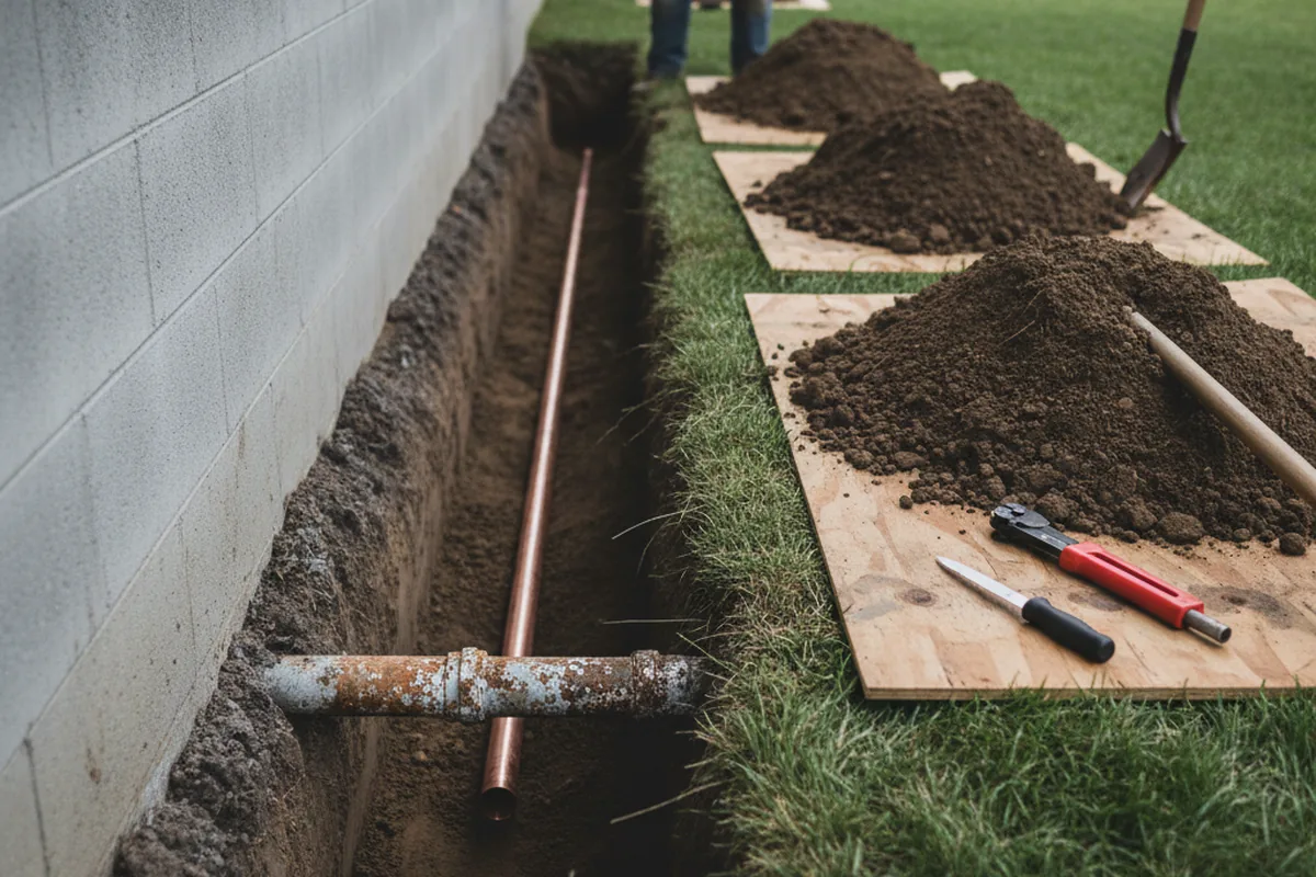 Excavated water line trench during Water Softener Installation in Blodgett